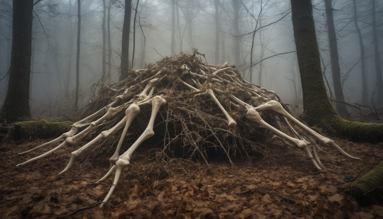 award winning photograph of a old broken pile of bones, yellowed with time, with a black ooze coming from inside the broken bones connected by spiderwebs made of ais-cbwbs, in a old creepy forest covered in fog, magical, creepy, spooky, fantasy art concept, intricate details, best quality, masterpiece, ultra shartp, hyper realistic, realism