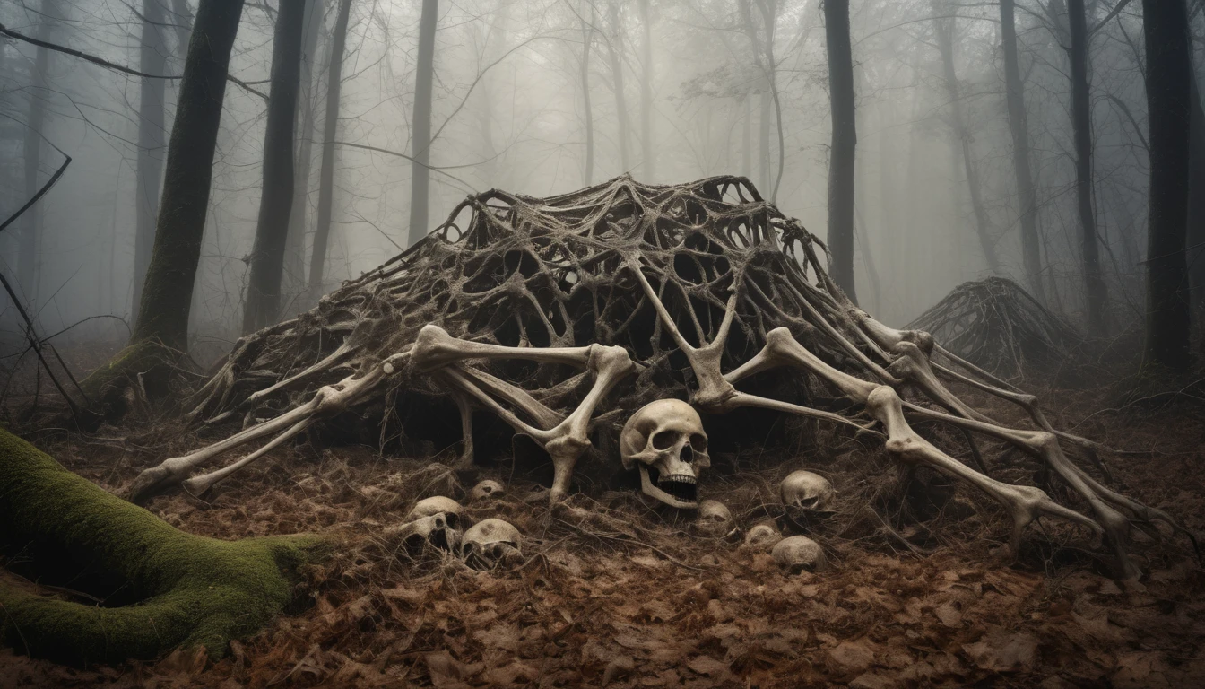 award winning photograph of a old broken pile of bones, yellowed with time, with a black ooze coming from inside the broken bones connected by spiderwebs made of ais-cbwbs, in a old creepy forest covered in fog, magical, creepy, spooky, fantasy art concept, intricate details, best quality, masterpiece, ultra shartp, hyper realistic, realism
