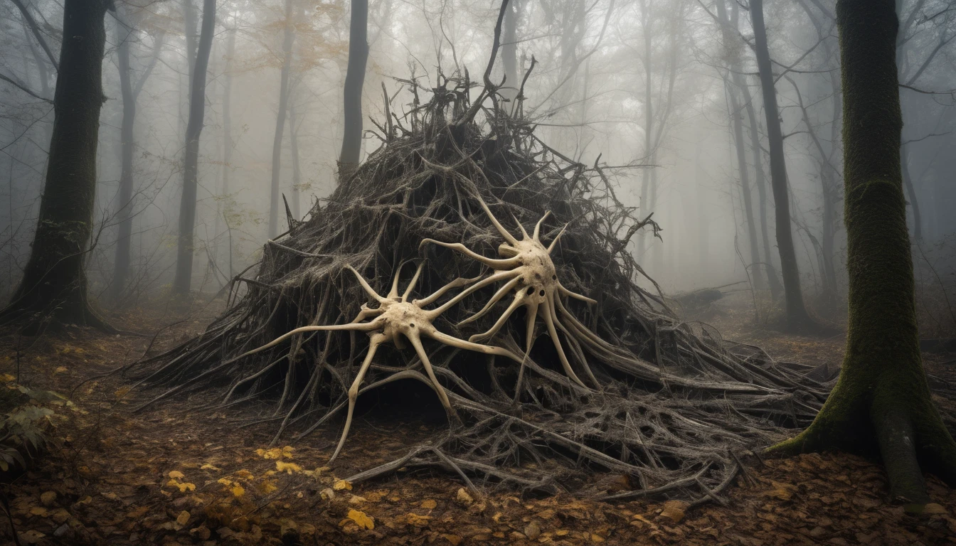 award winning photograph of a old broken pile of bones, yellowed with time, with a black ooze coming from inside the broken bones connected by spiderwebs made of ais-cbwbs, in a old creepy forest covered in fog, magical, creepy, spooky, fantasy art concept, intricate details, best quality, masterpiece, ultra shartp, hyper realistic, realism