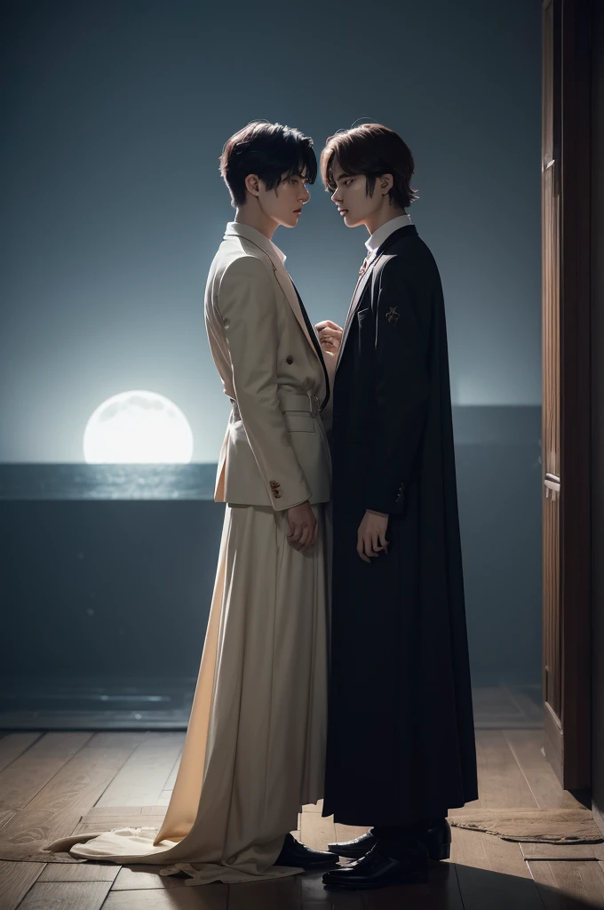 fotorrealista, hiper-realista, 3 homens, Hoseok, Yoongi, Taehyung, olhando um para o outro, chamado da lua, Mystic, moody lighting, cinematographic, dramatic composition, 8k, altamente detalhado, Masterpiece photorealistic image of the three members of BTS - Hoseok, Yoongi e Taehyung - presos em um olhar intenso, under the mystical light of the moon.  The scene will have a cinematic and dramatic composition with great attention to detail and realism.