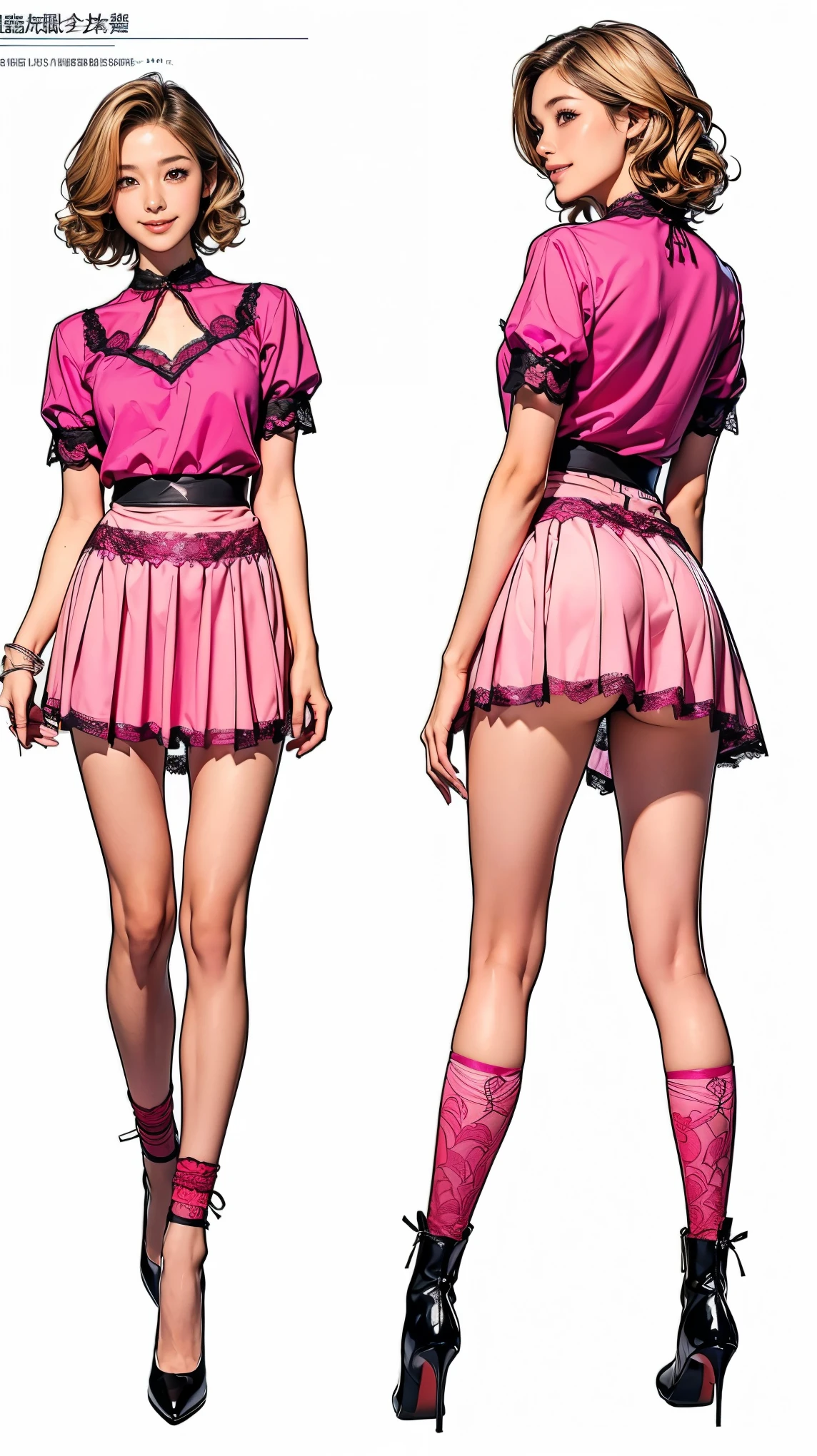 ((masterpiece)),(((Highest quality))),((Character design sheet)),Thin thighs,Long legs,A very cute 20 year old young woman from Japan..， ((Thin hair that is somewhere between brown and blonde)), ((Short hair with side waves)),Medium bust size､(Curly Hair)，(((A very kind smile))), (((She wears pink, Red and magenta lace panties)))，(((Wearing a black tight skirt, but、it is&#39;turned over in her hands.)))，(((He is wearing a black and white striped shirt.。)))  Highly detailed lips, Beautiful Eyes, City Street，