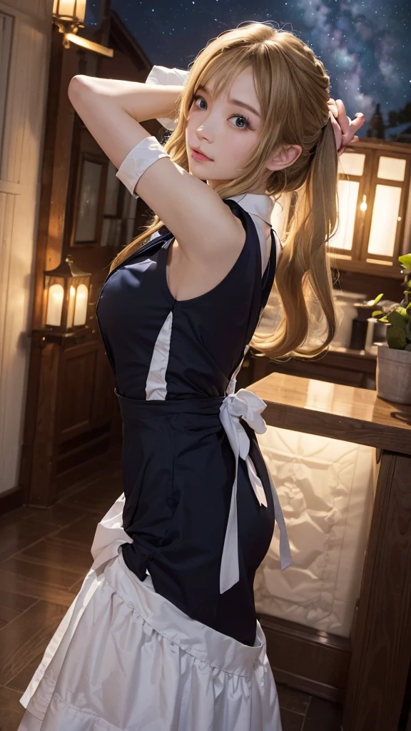 (Highest quality, Super detailed, High resolution, 8K images),Sexy maid、dress、dressを着たロリ、Gorgeous maid、Maid clothes、Maid clothes、Maid in uniform、Girl in Maid clothes、黒のフリルdress、((Blonde)),She has a cheerful personality,Cute Smile.(large and impressive eyes, Long eyelashes), ,The skirt flips up and the underwear is visible, ,((Show me your)), ((Stick your butt out)),(Squat with legs apart), Fine and beautiful eyes,Perfect Proportions,(Overflowing big),(A full-body shot from behind), Very beautiful and cute girl,22 years old,(anime),Kamimei, Pitch black background,(Solid black background),alone,