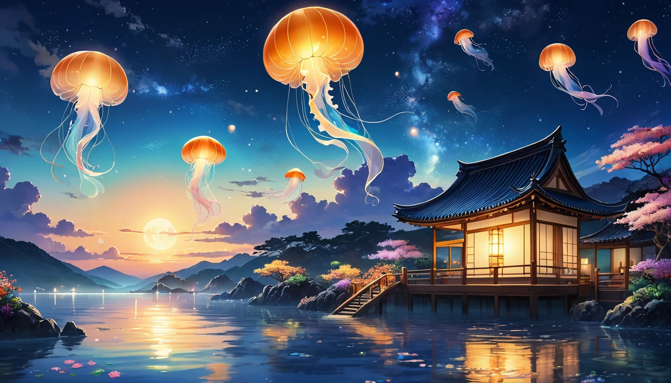(In the water:1.4)，Ocean，colorfulなサンゴ礁，School of tropical fish，Light，bubble，jellyfish，Ocean藻，(浅いOcean:1.4)，Sunlight、Fantasy，Ocean底，float、Highest quality、masterpiece、cloud、colorful、Starry Sky、
landscape、landscape、Orange sunrise、Create digital illustrations with clear and fine lines。Lo-Fi、In the case of a moonlit night sky、The scene is cozy and warm with beautiful night view and moonlight。The lighting is soft and golden, like lanterns and colorful flowers.、アートスタイルは繊細で細い線を正確に描写したFantasyアートのように詳細である必要があります。The overall look should be clear and dreamy.。Focus on the magical and enchanting environment。People are not allowed、There are no people in the photo。