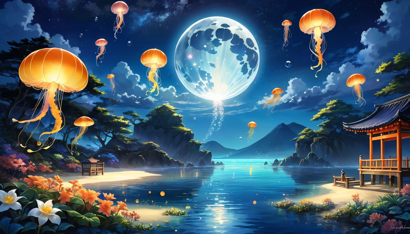 (In the water:1.4)，Ocean，colorfulなサンゴ礁，School of tropical fish，Light，bubble，jellyfish，Ocean藻，(浅いOcean:1.4)，Sunlight、Fantasy，Ocean底，float、Highest quality、masterpiece、cloud、colorful、Starry Sky、
landscape、landscape、Orange sunrise、Create digital illustrations with clear and fine lines。Lo-Fi、In the case of a moonlit night sky、The scene is cozy and warm with beautiful night view and moonlight。The lighting is soft and golden, like lanterns and colorful flowers.、アートスタイルは繊細で細い線を正確に描写したFantasyアートのように詳細である必要があります。The overall look should be clear and dreamy.。Focus on the magical and enchanting environment。People are not allowed、There are no people in the photo。