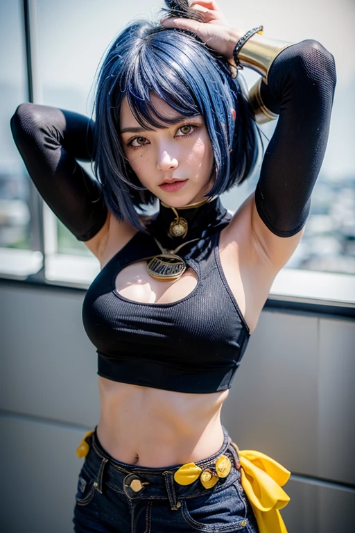 1girl, mask on head, blue hair, short hair, yellow eyes, ((black sleeveless shirt with knot, long blue jeans, heels)), iron belt, ((bare midriff, navel, upper body)), high quality, night, town, standing, smile, looking at viewer