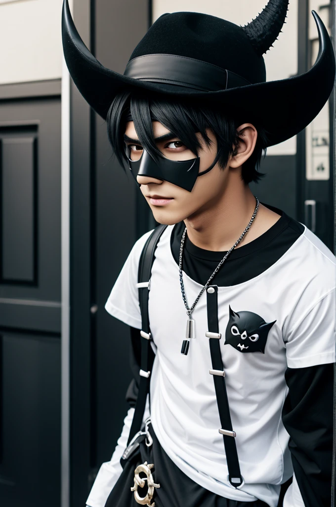 Anime character man black hair black mask with white eyes black hat with horns boys black shirt with spikes on the shoulders and black pants 