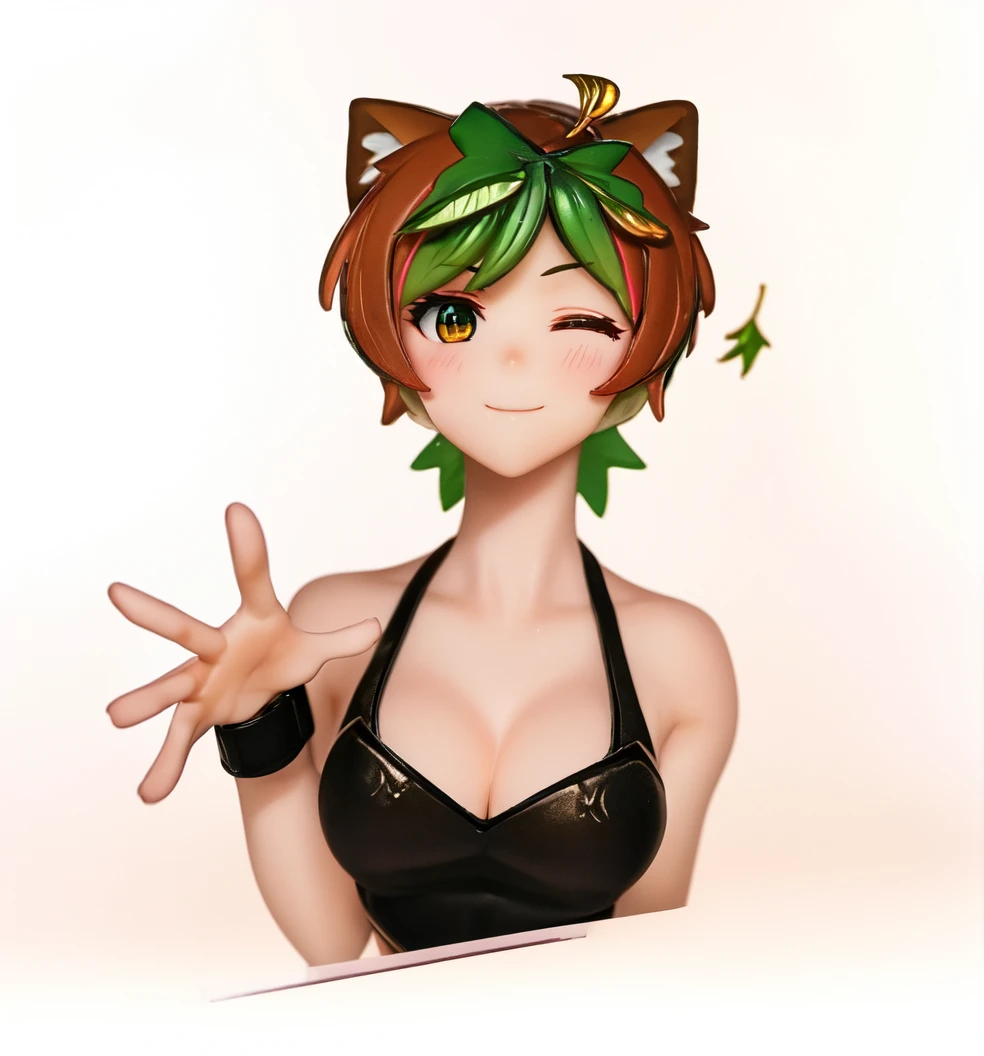 One person, Short Hair, Brown Hair, Large Breasts, Green Eyes, happiness/joy,Close-up, dress