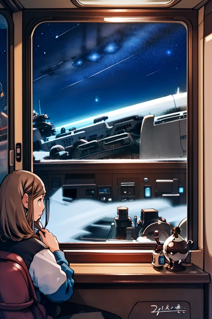 ((((Hyper quality)))), Anime style, the view from the window of a running sleeper train, a girl sitting on a seat looking at the scenery, brown hair, black diamond eyes, disheveled semi-length hair, the view outside is space starry sky, beautiful stars, galaxy, semi-landscape painting,