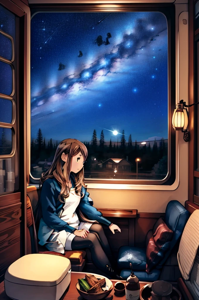 ((((Hyper quality)))), Anime style, the view from the window of a running sleeper train, a girl sitting on a seat looking at the scenery, brown hair, black diamond eyes, disheveled semi-length hair, the view outside is space starry sky, beautiful stars, galaxy, semi-landscape painting,