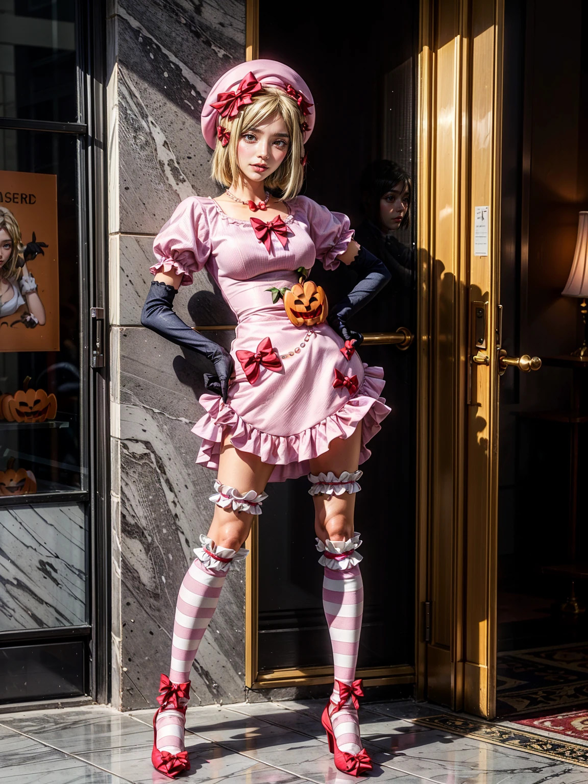(1 lady), The beautiful, (Best quality at best:1.4), (ultra - detailed), (extremely detailed CG unified 16k), gold blonde hair, very detailed, High-definition RAW color photo, professional photoshooting, amazing face and eyes, cosmetics, (amazingly beautiful girl), ((lambdadelta, tall woman, taller)), ((dress, shoes bow, red shoes, striped stockings, red bow, pink hat, necklace, gloves, pearl, pumpkin brooch, pink dress)), standing, yposture,(background: walking in the streets, urban landscape, blue sky, sunset), (look from down), realistic cinematic face, head to feet long wide zoomed out view, full body long view, photorealistic, ((realistic natural blonde hair style, honey eyes)), gorgeous, extremely beautiful face, perfect model beauty, pout mouth, flirting smile, eating candies, (masterpiece), best quality, high resolution, extremely detailed, depth of field, cinematic lighting, (amazing legs, strong legs, athletic legs), high heels, clear and well-cared skin