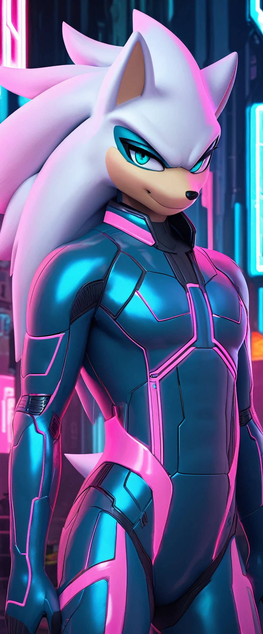 (((masterpiece:1.5, 4K, 8K))), a (((full body))) high quality digitally drawn rendered image ((by SEGA)) of A solo male anthro ((silver—white hedgehog)), with glowing blue eyes, ((metallic blue eyeliner:1.5)), (((tan muzzle))), wearing a (((sci-fi bodysuit))) stands in a neon-lit cyberpunk city The android's bodysuit is adorned with (((bright teal coloring:1.5))) with (((neon pink accents:1.4))), and intricate android seams, creating a futuristic look. the android has a seductive smirk on his face