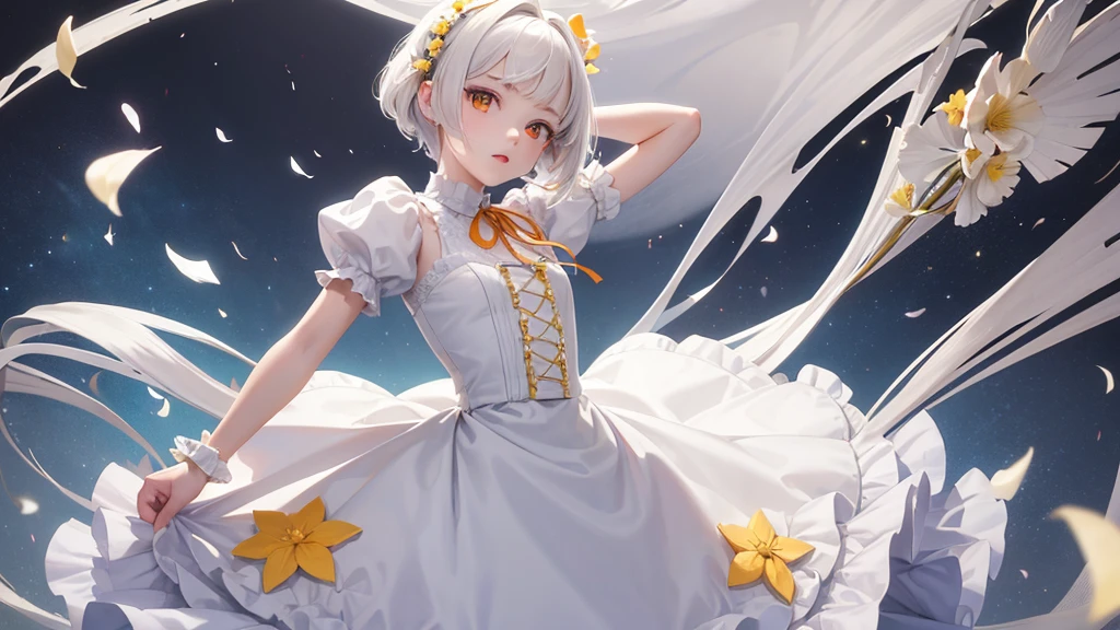 (masterpiece, best quality, high quality, highres, ultra-detailed),flat color, anime screencap,
1girl, solo,18 years, white background,expressionless, looking at viewer,upper body, red eyes:0.6 | orange eyes:0.5, ribbon, neck ribbon,braid, closed mouth,white hair, (braided bangs), white flower, yellow flower, short hair, dress, puffy sleeves, parted lips, wrist cuffs, teeth,simple background