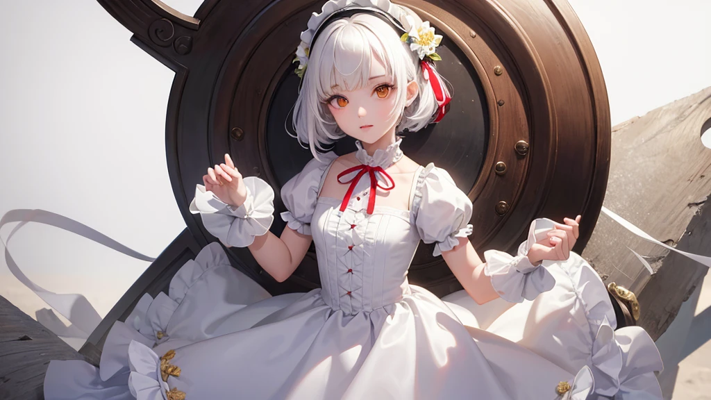 (masterpiece, best quality, high quality, highres, ultra-detailed),flat color, anime screencap,
1girl, solo,18 years, white background,expressionless, looking at viewer,upper body, red eyes:0.6 | orange eyes:0.5, ribbon, neck ribbon,braid, closed mouth,white hair, (braided bangs), white flower, yellow flower, short hair, dress, puffy sleeves, parted lips, wrist cuffs, teeth,simple background