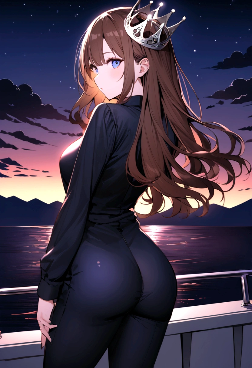 (Highest quality)(1 woman,single,long hair,brown hair,blue eyes,sexy figure ,Black suit shirt,There is a small silver crown on the head.,Turn to look at the viewer,standing on the edge of a yacht(boat roof, overlooking the sea, Detailed background (little light pollution)) look back