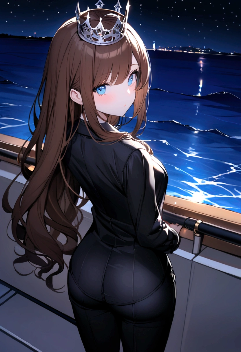 (Highest quality)(1 woman,single,long hair,brown hair,blue eyes,sexy figure ,Black suit shirt,There is a small silver crown on the head.,Turn to look at the viewer,standing on the edge of a yacht(boat roof, overlooking the sea, Detailed background (little light pollution)) look back