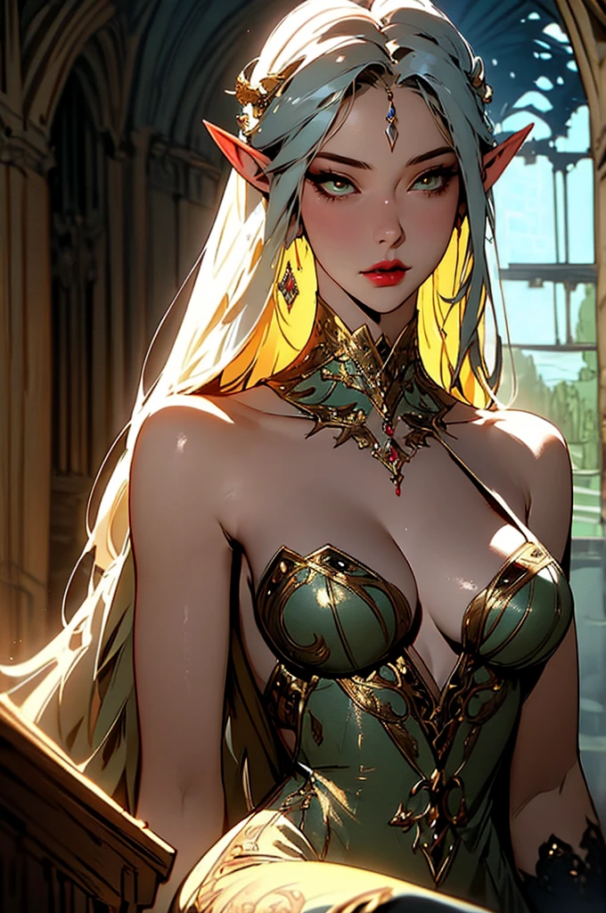 { - anatomy error}(Masterpiece - Ultra-detailed, very high resolution) Prepare to be enchanted by a true masterpiece that combines ultra-detailed art with high-resolution rendering. This work depicts a mesmerizing adult elf with long white hair (1.3) and captivating yellow eyes (1.2), emanating an aura of elegance and mystery in medieval settings. The intricate details and realistic textures invite you to explore every aspect of this enchanting composition. Woman wearing medieval elf costumes covering everything. Red lips. No cleavage. small breasts. NO CLEavage. Walking, writing, lying down, standing, on your back, dynamic poses. Get ready to dive into a world where beauty and craftsmanship merge perfectly