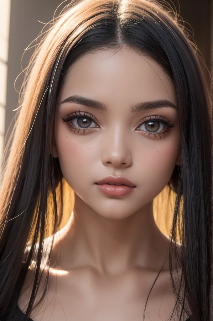 Mulher bonita realista duas linhas estreitas pintadas abaixo dos olhos de cor preta e vermelha no rosto cocar com penas vermelhas penas amarelas e penas azuis figura oval  realista olhos de cor amarela figura completa