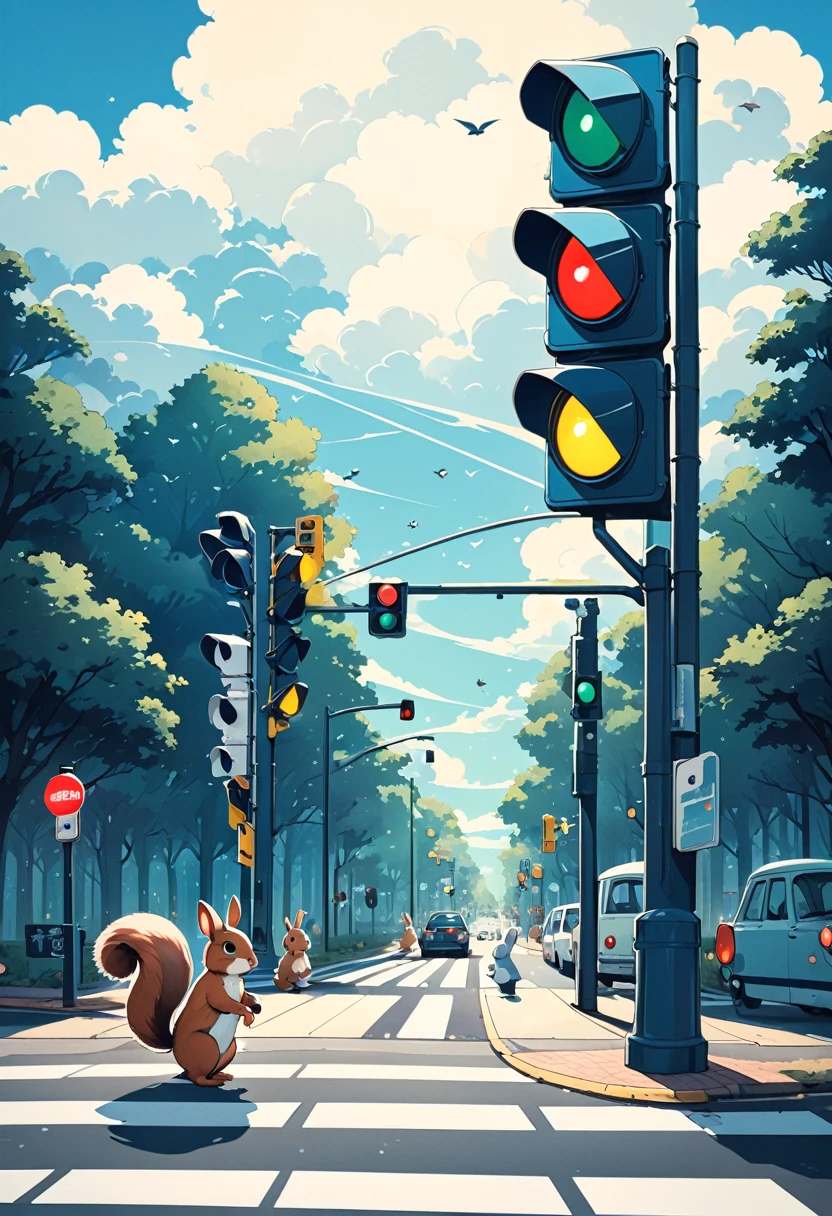 Traffic lights flashing blue against a blue sky in the forest、Traffic lights floating in the sky、Animal Traffic Lights、Rabbits and squirrels are waiting for the traffic light at the crosswalk、Large rabbit and squirrel in the center、The traffic light is flashing blue、White clouds on a clear sky、Face Highlights、Lo-fi art style, Nostalgic and melancholic artwork, 