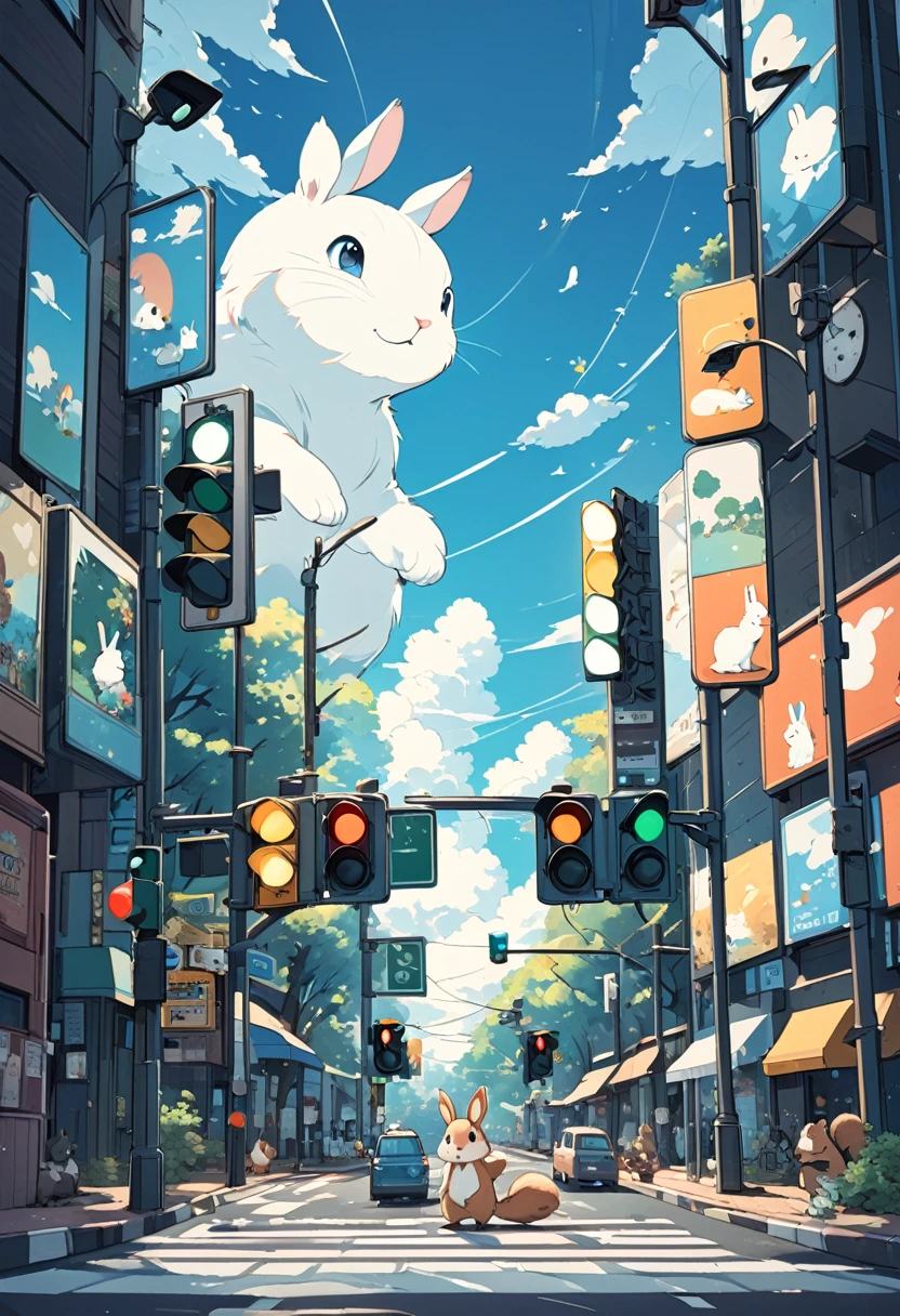 Traffic lights flashing blue against a blue sky in the forest、Traffic lights floating in the sky、Animal Traffic Lights、Rabbits and squirrels are waiting for the traffic light at the crosswalk、Large rabbit and squirrel in the center、The traffic light is flashing blue、White clouds on a clear sky、Face Highlights、Lo-fi art style, Nostalgic and melancholic artwork,