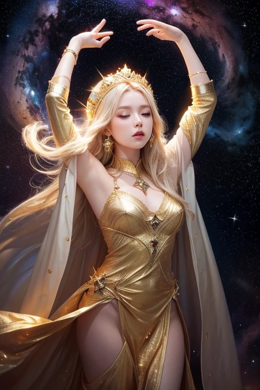 (masterpiece、Highest quality、High resolution、8k、16k)、((Alone in space、Beautiful Goddess、Standing posture、フローティング in the sky like a star))、(whole body)、Golden Cape、White long dress、No sleeve、Gold Bracelet、Blonde Hair、Beautiful brown eyes、Detailed face、Graceful operation、Close your eyes and raise your arms up、Professional Lighting、The universe is full of light、Countless stars and nebulae、