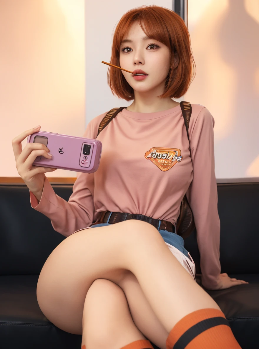 1girl,huge breast,orange hair, ponytail hair, white clothes, black skirt, holding a smartphone, ultra detailed