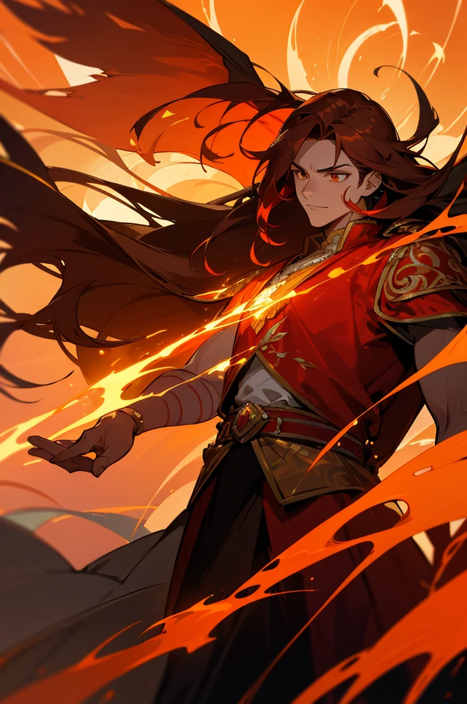 High-quality digital painting of a young man with long flowing brown hair and piercing orange eyes, adorned in majestic royal attire, controlling vibrant flames with a single pair of enormous crimson wings sprouting from his back, intense and powerful, detailed hair and facial features without facial hair and without fire or accessories on the face looking forward, fiery and majestic, fantasy, vibrant color palette, dramatic lighting