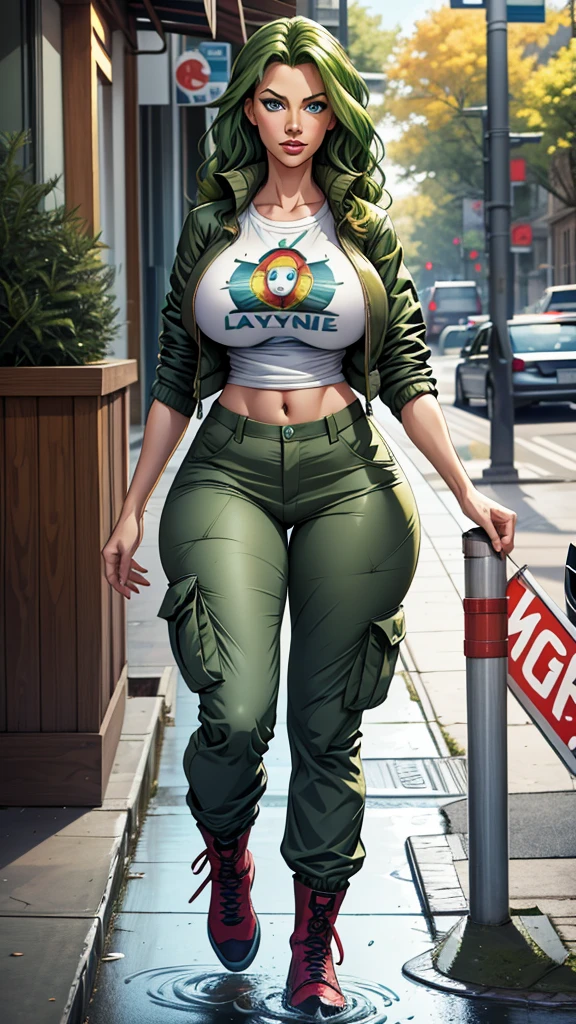 Tall stature, long, wavy green hair. Bright and expressive light blue eyes. She was wearing cargo pants, a printed t-shirt and a waterproof jacket, big ass, big hip. Busty. Comic style