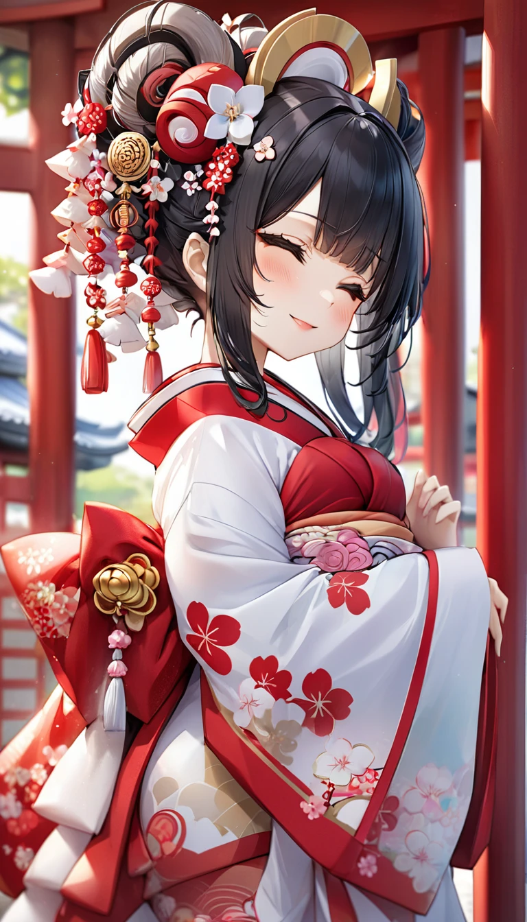 (nendoroid:1.6) (Japanese June Bride style) (15 yo, solo) ((blunt bangs, oiran hair)) (black hair long hair sexy shrine maiden girl, sexy closed eyes, love smile) ((beautiful make up)) (in a sexy japanese bride A silk:1.3 White wedding kimono), (in the divine Dazaifu Tenmangu Shrine), BREAK, perfect anatomy, masterpiece, best quality, 16k, beautiful detailed grow, daydreaming expression.