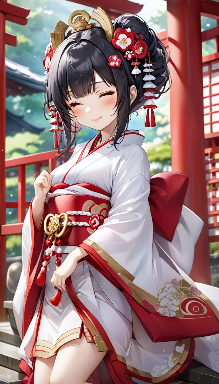 (nendoroid:1.6) (Japanese June Bride style) (15 yo, solo) ((blunt bangs, oiran hair)) (black hair long hair sexy shrine maiden girl, sexy closed eyes, love smile) ((beautiful make up)) (in a sexy japanese bride A silk:1.3 White wedding kimono), (in the divine Dazaifu Tenmangu Shrine), BREAK, perfect anatomy, masterpiece, best quality, 16k, beautiful detailed grow, daydreaming expression.