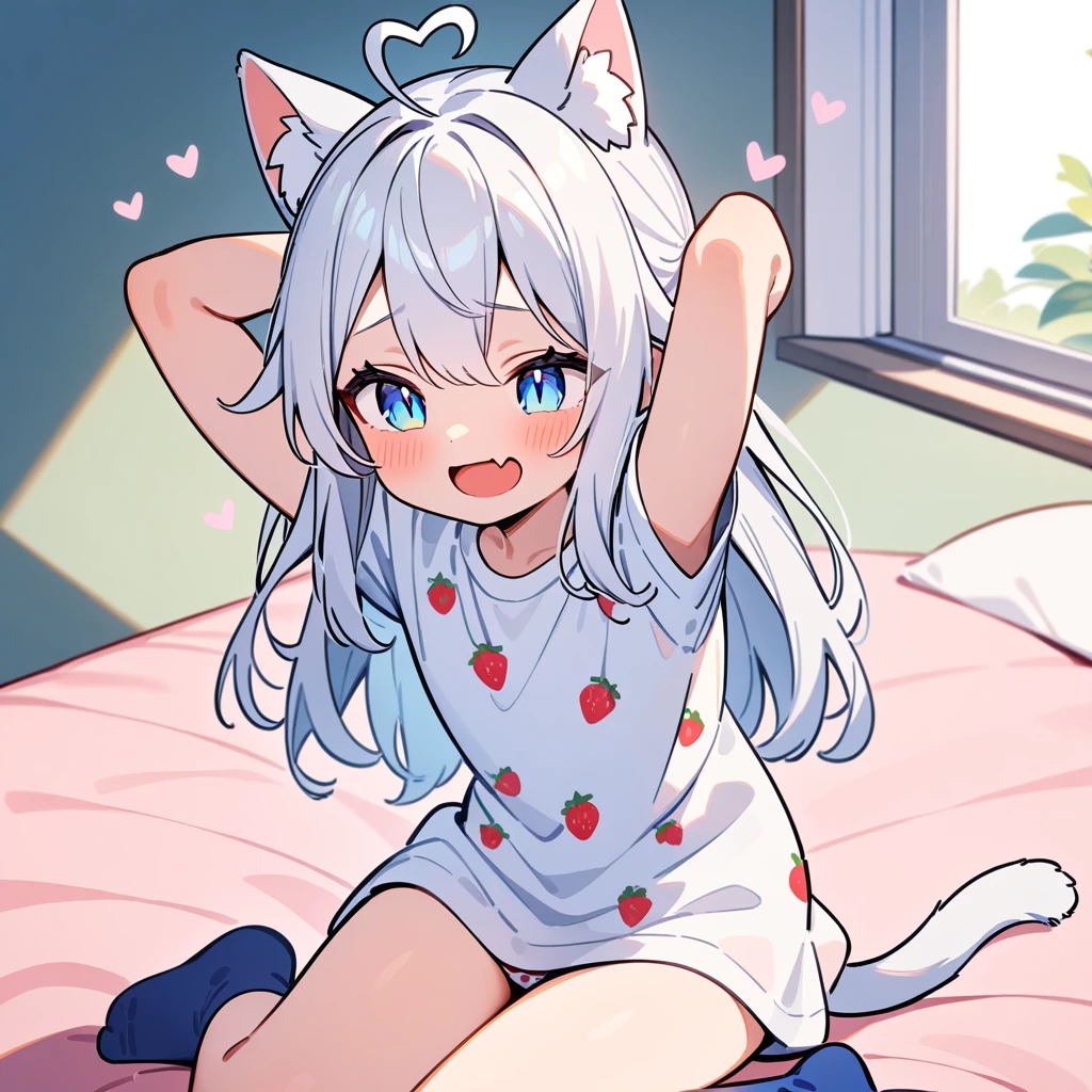 （masterpiece：1.2，high quality），8K，High resolution，A -year-girl，e girl，white hair，long hair，light blue eyes，slit pupils，heart ahoge，cat ears，laughing，skin fang，Wearing a white shirt，no shorts，Strawberry pattern panties，Sitting on the bed，There are flowering trees on both sides.，primary schoBlue socks，cat tail，alone，Put your hands behind your head