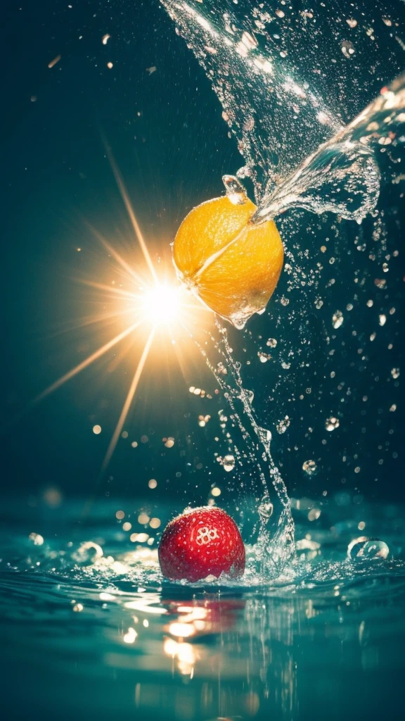 Summer Dream,The faucet washes the fruit in the sink,Dreamy lighting,The scattered water drops float in the air and sparkle in the sun,HD,Details,Best quality