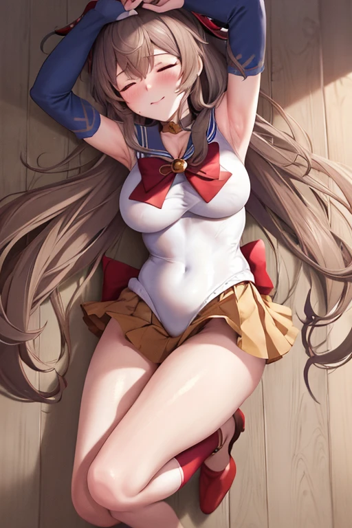 masterpiece, high definition, best quality, rendered art, well formed hands, fingers and body, 1 woman, solo, Ganyu, goat horns , adult, grown up, wearing Sailor Moon's outfit, big breasted, cleavage, full body, sexy sailor senshi uniform, short blue skirt, red boots, gorgeous hips, legs and thighs, white elbow gloves, sailor collar, tiara, earrings,ryona,in peril, she is defeated, knocked out, passed out, closed eyes, exhausted, unconscious, laying down on the sand, extended exposed body, full body on the sand, breathing heavily, sexy smirk on her face, bouncing breasts, sexy defeated pose, defeat and KO scene, fallen beauty, martial arts tournament with beach environment