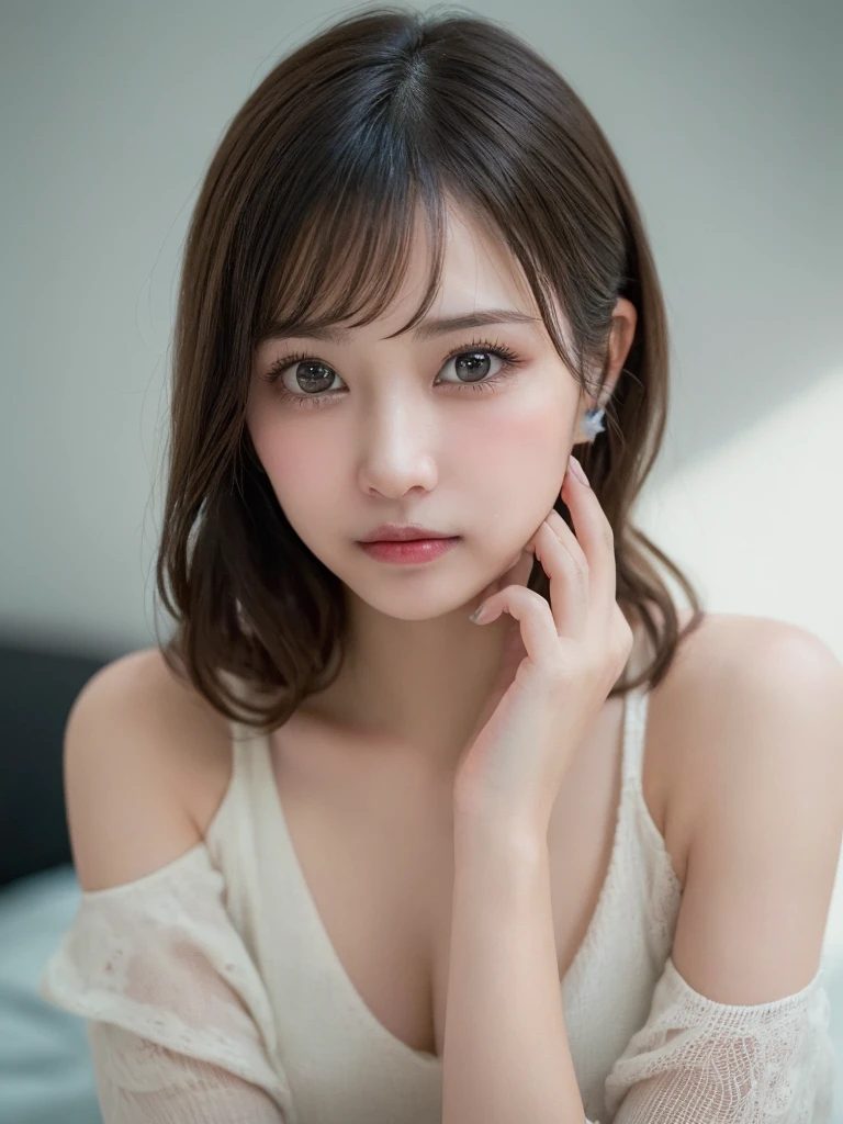 (masterpiece:1.3), (8k, Photorealistic, Raw photo, Best image quality: 1.4), 20-year-old girl、(Random Hairstyles:1.2)、Super detailed face、Attention to detail、double eyelid、Sharp focus:1.2、Beautiful woman:1.4、Very long, straight light brown hair、Natural color lip、Highest quality、masterpiece、Ultra-high resolution、(Photorealistic:1.4)、Highly detailed and professional lighting、Wear a simple, patternless, purple off-the-shoulder sweater、Naked smooth shoulders、Beautifully shaped large breasts、Slim and slender body、Hourglass system、Serious expression、Transparent white skin、Random pose、Shiny Hair、Sculpture model pose、(She has fallen in love with the viewer and is gazing at the viewer with a smitten and adorable expression.:1.8)、(Only one person is in the picture:1.8)、No anatomical abnormalities、