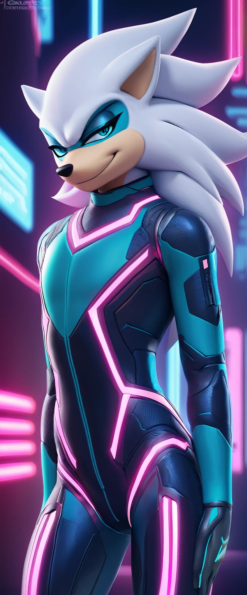 (((masterpiece:1.5, 4K, 8K))), a (((full body))) high quality digitally drawn rendered image ((by SEGA)) of A solo male anthro ((silver—white hedgehog)), with glowing blue eyes, ((metallic blue eyeliner:1.5)), (((tan muzzle))), wearing a (((sci-fi bodysuit))) stands in a neon-lit cyberpunk city The android's bodysuit is adorned with (((bright teal coloring:1.5))) with (((neon pink accents:1.4))), and intricate android seams, creating a futuristic look. the android has a seductive smirk on his face