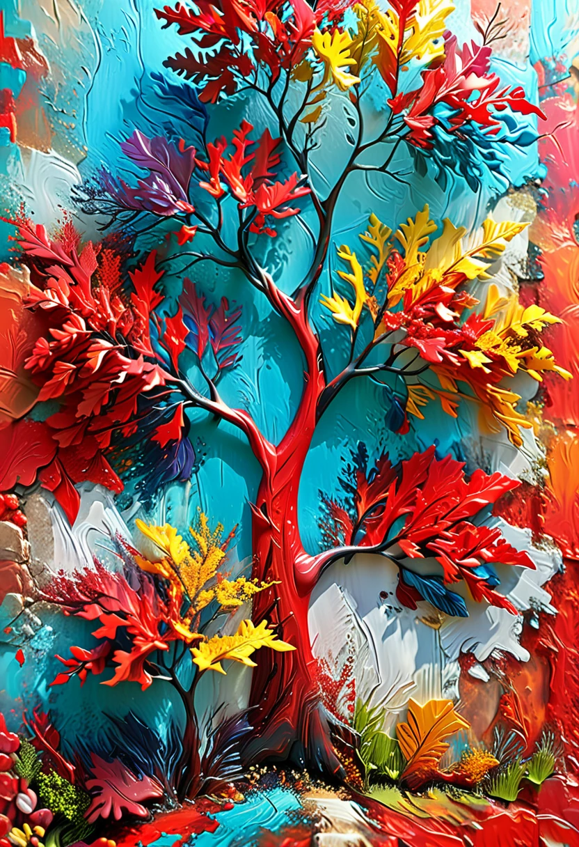  Tree with red texture, 3d abstract colorful textured tree, wall decoration in red color,