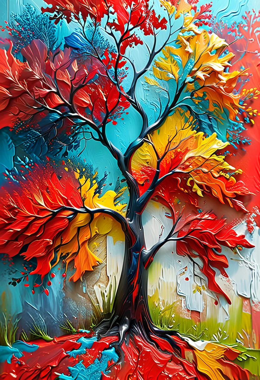  Tree with red texture, 3d abstract colorful textured tree, wall decoration in red color,