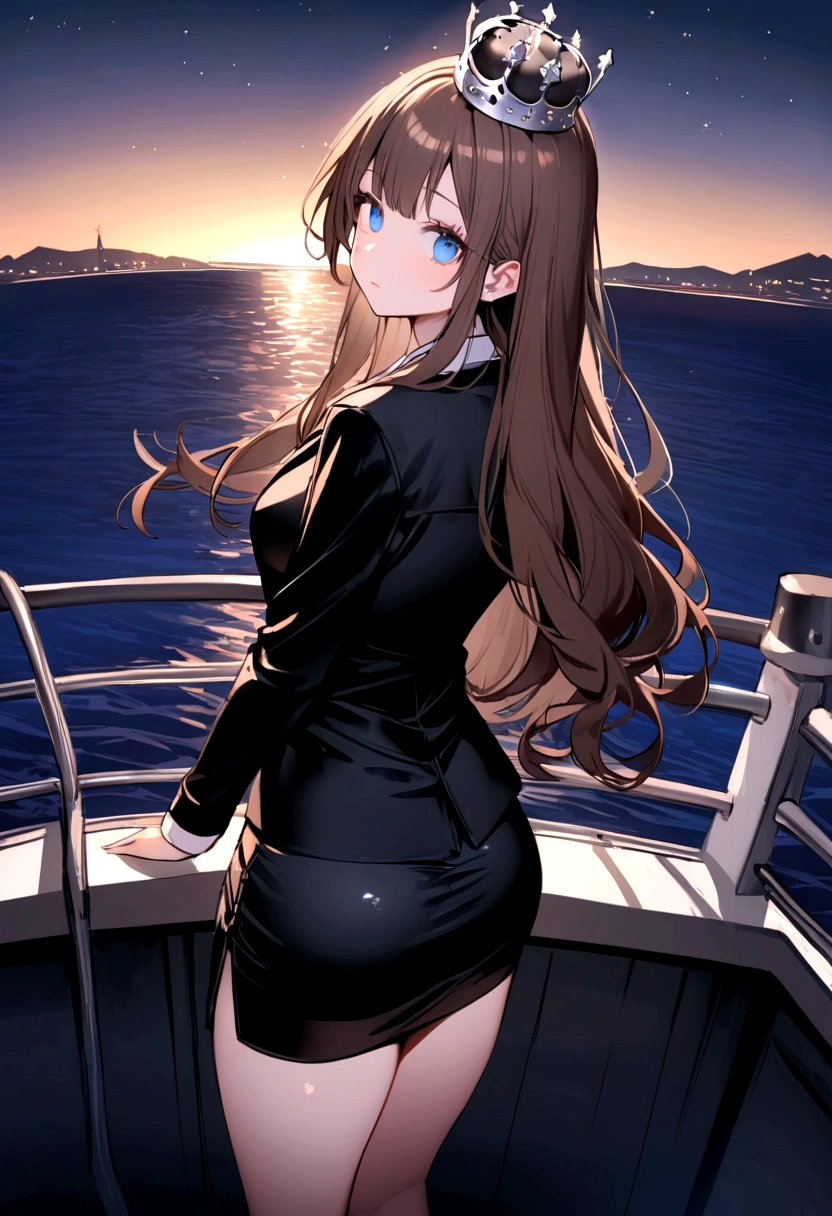 (Highest quality)(1 woman,single,long hair,brown hair,blue eyes,sexy figure ,Black suit shirt,black skirt,There is a small silver crown on the head.,Turn to look at the viewer,standing on the edge of a yacht(boat roof, overlooking the sea, Detailed background (little light pollution)) look back