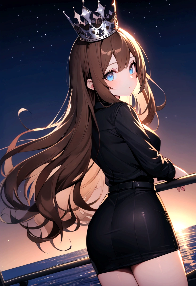 (Highest quality)(1 woman,single,long hair,brown hair,blue eyes,sexy figure ,Black suit shirt,black skirt,There is a small silver crown on the head.,Turn to look at the viewer,standing on the edge of a yacht(boat roof, overlooking the sea, Detailed background (little light pollution)) look back