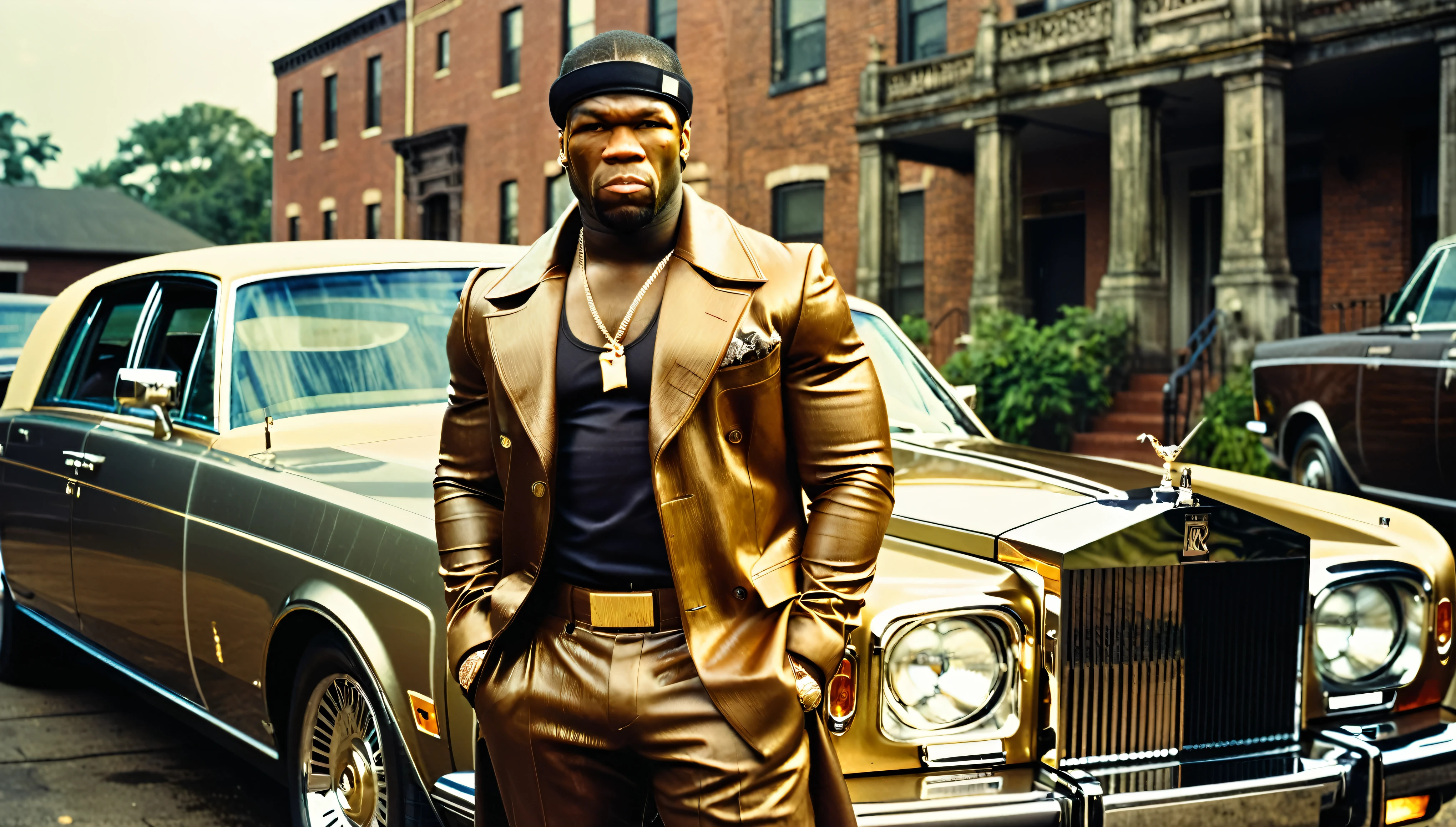 1970s photo of "50 Cent" wearing 1970s gangster attire, he is standing next to a "Rolls Royce", atmospheric perspective, textured skin,