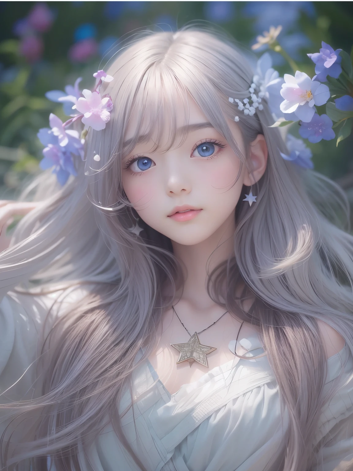 Realistic、8age、Real masterpieces, Highest quality, Highly detailed shape,1 Girl,alone, Image body, flower, Looking at the audience、 Purple eyes, Jewel-like eyes, Very beautiful eyes, Highly detailed face,, , star (null), star座, Purple Energy, handrail, 流star、Shiny, straight, long hair down to the waist, Beautiful shiny bangs、16k、photograph、quality、Looking down on a young girl from above、