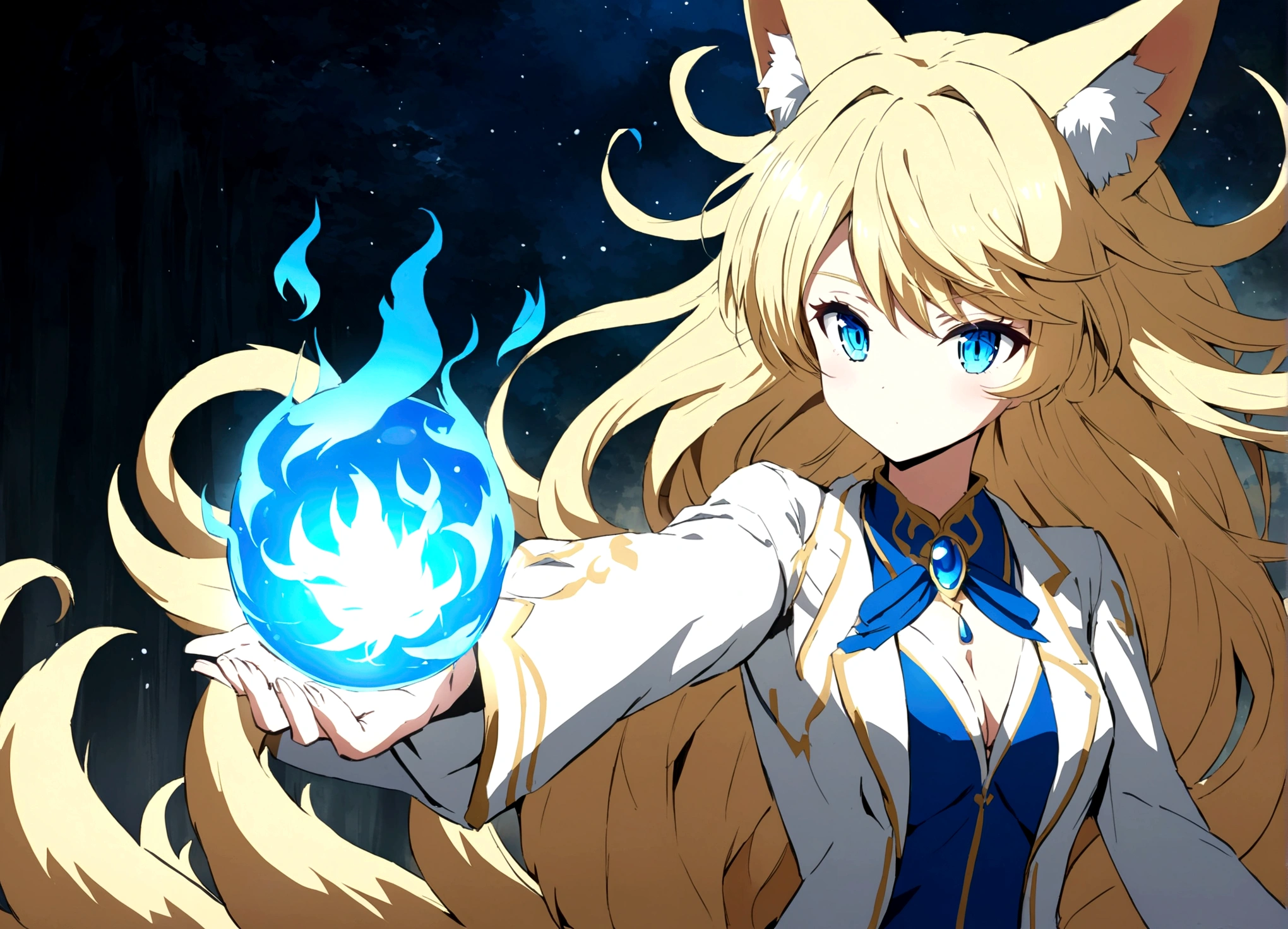 Anime Style fox blue White-faced golden-haired nine-tailed fox Coat blue mysterious background Blue Flame girl have a ball of light