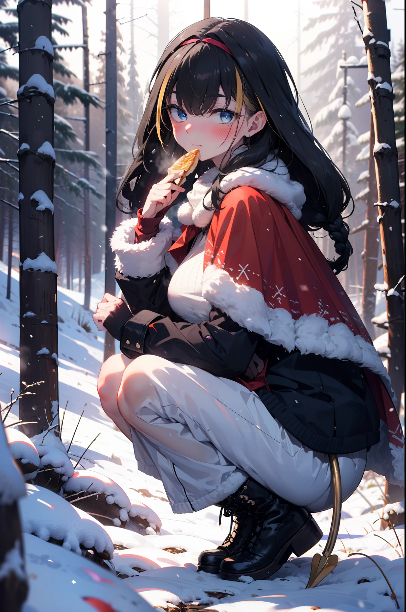 small, small, Black Hair, blue eyes, demon tail, hair band, Long Hair, mechanical tail, Multicolored Hair, tail, smile,blush,White Breath,Big Breasts,
Open your mouth,snow,Ground bonfire, Outdoor, boots, snowing, From the side, wood, suitcase, Cape, Blurred, having meal, forest, White handbag, nature, Squat, Mouth closed, Cape, winter, Written boundary depth, Black shoes, red Cape break looking at viewer, Upper Body, whole body, break Outdoor, forest, nature, break (masterpiece:1.2), Highest quality, High resolution, unity 8k wallpaper, (shape:0.8), (beautiful detailed eyes:1.6), extremely detailed face, Perfect lighting, extremely detailed CG, (Perfect hands, Perfect Anatomy),