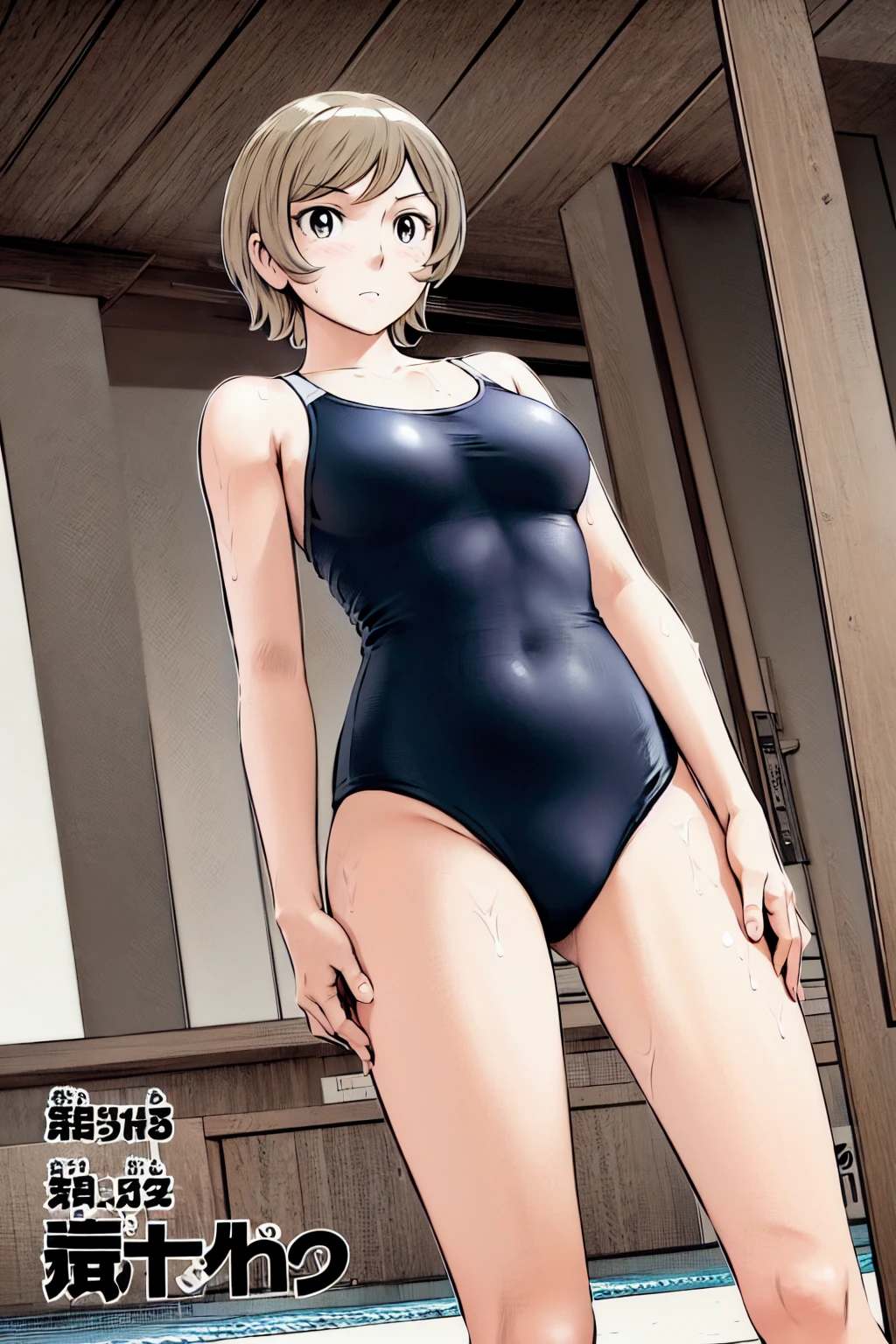 Blonde, (short hair:1.2)、((Illustration of a person))、Big Breasts、
View your viewers,, (Highest quality:1.3),blue eye star piece、Highest quality)、Highest quality, Ultra-high resolution, (((masterpiece))), alone, Sweat、Big eyes、Big Breasts、One Girl, Front view、Embarrassed face、Bronze colored hair、((short hair))、One Girl, alone, blush, Big Breasts,
Bare arms, Wet, Pool, 青いSchool Swimsuit, Thighs, Place your arms at your sides, Bare arms, Cowboy Shot, Are standing, School Swimsuit,bite、High Leg、Mansuji
