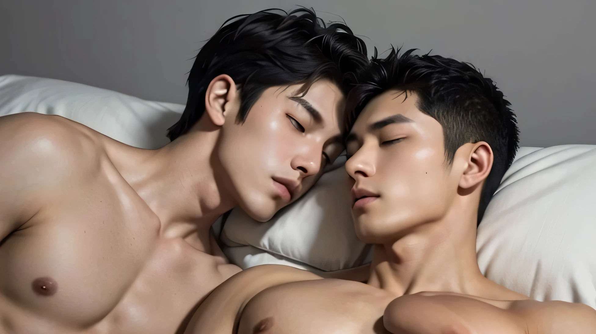 Two handsome guys 2 asian male models adult Black Hair short hair Short cut Beautiful Skin No clothes whatsoever nude You can see the sleeping face and body facing the camera. sleeping face Natural feel Close ~ eyes Nothing but people Nothing but people Gray plain background