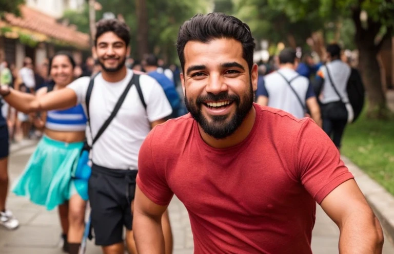 Juan se aleja caminando con confianza hacia un grupo de amigos que lo reciben con sonrisas.