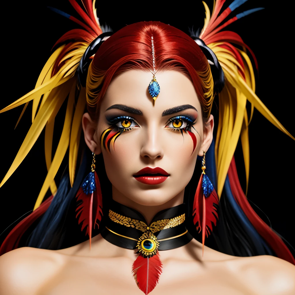 Belle Realistic Woman with Two Thin Stripes Painted below the Eyes of Black and Red, adorned with Red, Yellow, and Blue Feathers, Oval Realistic Figure, Yellow Eyes, Complete Figure

A Realistic Beauty, Dressed in a Stunning Outfit, with Two Thin Stripes Painted below the Eyes in Black and Red. Her Hair is adorned with Red, Yellow, and Blue Feathers, creating a captivating aura. She boasts an Oval Realistic Figure, with Expressive Yellow Eyes that tell a story. This Figure is a Perfect Portrayal of Beauty in its Purest Form.

(J