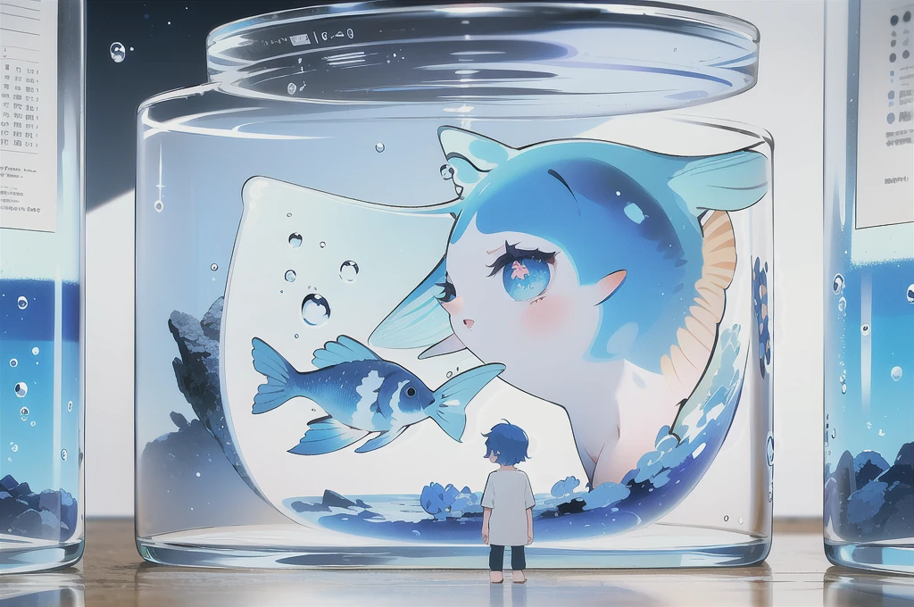 jars, a Libido boy, solo, ((The upper part of the body)), Libido boy, Alone, malefocus, looking at viewert, The upper part of the body, depth of fields, Clear lines, , Himmel_Soso_The No_Frilen, Blue hair, eBlue eyes, in jars, cute big breasts、smallest, small, A piece of, longer sleeves, sitted, The barefoot, Indoors, bare-legged, desks, knees, desk work, (The fish, airbubble, Under water, airbubble),


 