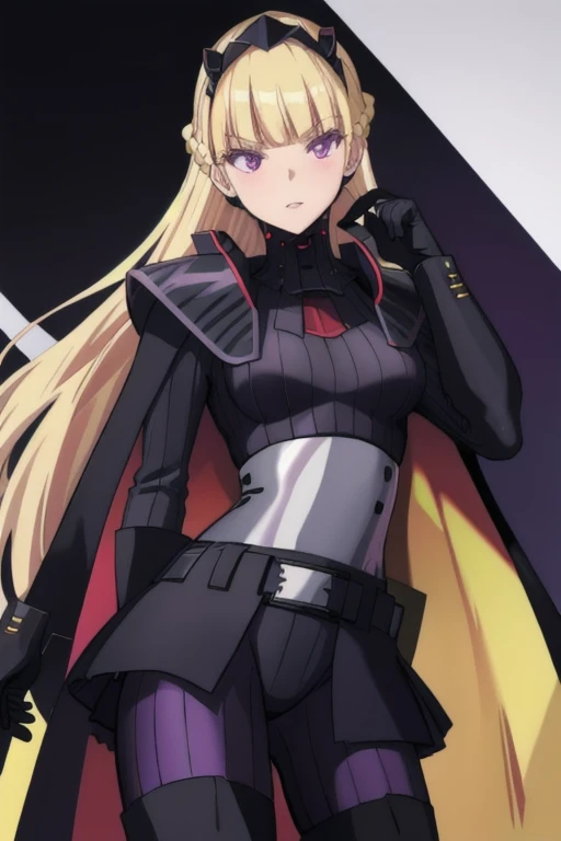 8k,highres,absurdres,masterpiece,best quality,original,extremely detailed CG,extremely detailed wallpaper,perfect lighting,1girl,solo,blurry_background,looking_at_viewer,standing on the stage,
AmSW,long hair,blonde hair,black gloves,purple eyes,black hairband,cape,black bodysuit,medium breasts,braid,blunt bangs,
