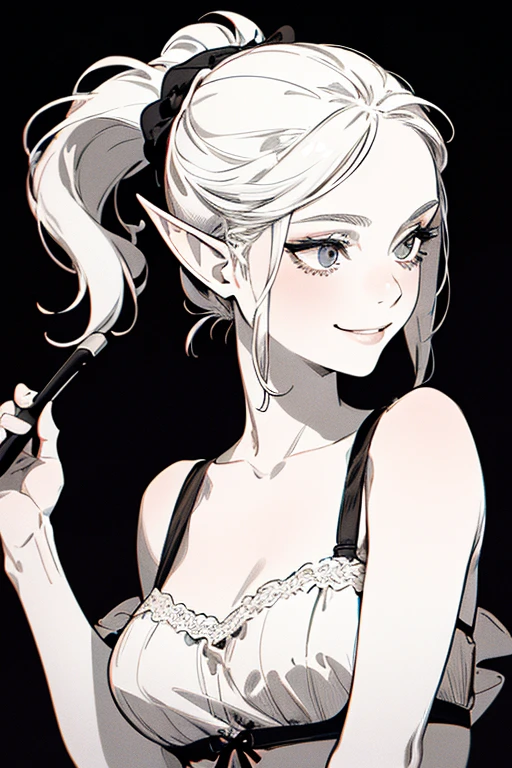 Bra Prima, top quality, (background detailed), high contrast, one beautiful woman, white sundress, elf, smiling, ponytail, head close-up, black background, (black background: 1.5), clean line drawing,