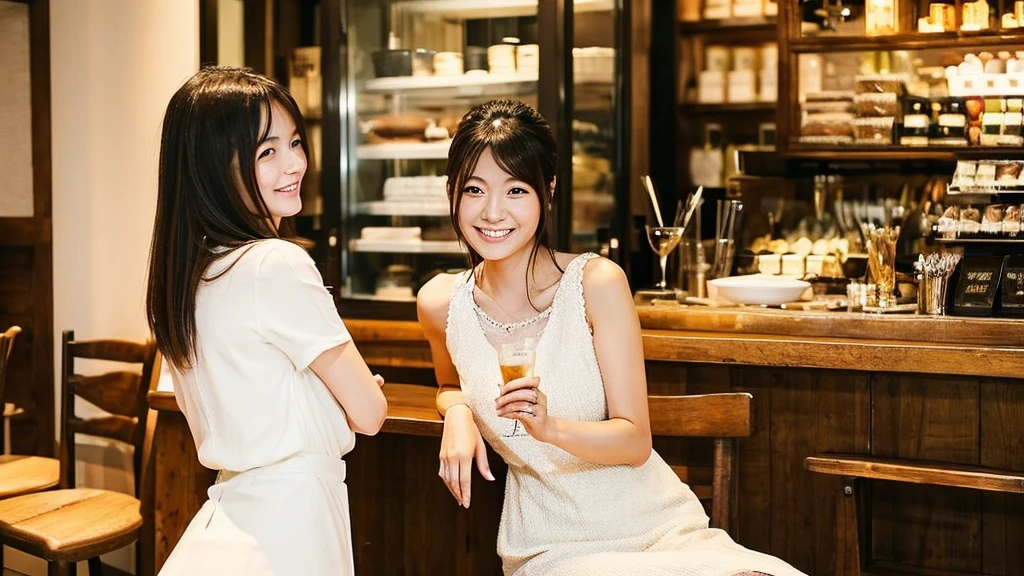 ・Makicho hostess ・Japanese woman in her 20s ・Thin eyebrows and long narrow eyes、High nose、Small mouth, gorgeous white dress, sitting on a chair while serving customers, luxurious atmosphere inside the store